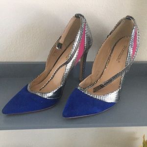 Strapped heels. Silver Faux Snake Skin with Faux Suede Hot Pink & Cobalt Blue